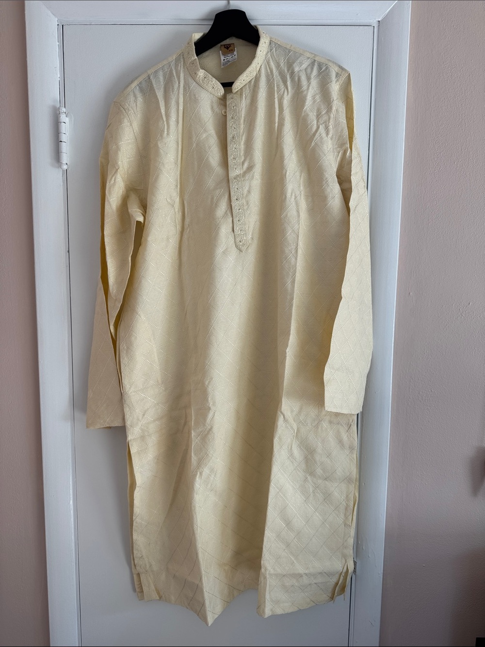 Manyavar Cream Men's Kurta with Subtle Diamond Weave